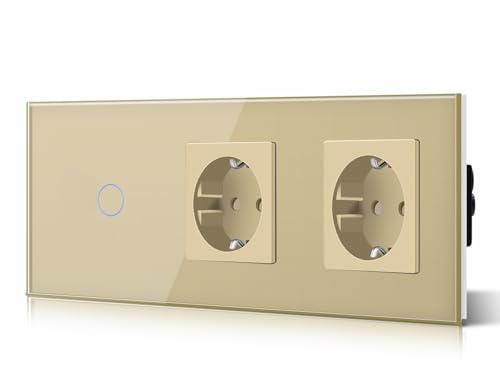 BSEED Touch Lichtschalter 2-Wege-Schalter mit Steckdosen 1 Fach 2 Wege Glas Touch-Panel Lichtschalter 2-Wege-Schalter und Steckdosen Gold 228mm von BSEED