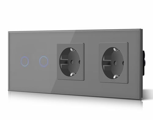 BSEED Touch Lichtschalter 2-Wege-Schalter mit Steckdosen 2 Fach 2 Wege Glas Touch-Panel Lichtschalter 2-Wege-Schalter und Steckdosen Grau 228mm von BSEED