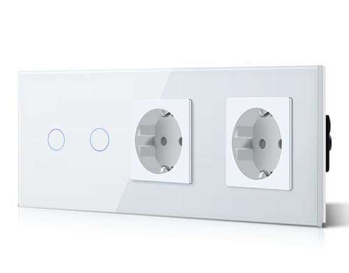 BSEED Touch Lichtschalter 2-Wege-Schalter mit Steckdosen 2 Fach 2 Wege Glas Touch-Panel Lichtschalter 2-Wege-Schalter und Steckdosen Weiß 228mm von BSEED