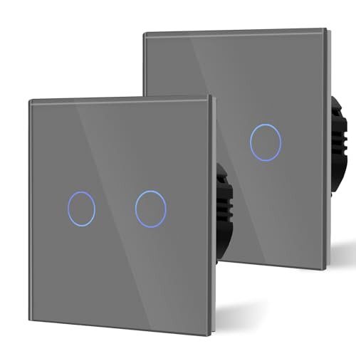 BSEED Touch Lichtschalter 2er Pack 2 Fach 1 Weg Wandleuchtenschalter Widerstandslast Glasscheiben Glas Schalter Kristallplatte mit LED Hintergrundbeleuchtung 110V - 240V 500W 86mm Grau BSEED Touch Lichtschalter 2er Pack 2 Fach 1 Weg Wandleuchtenschalter Widerstandslast Glasscheiben Glas Schalter Kristallplatte mit LED Hintergrundbeleuchtung 110V - 240V 500W 86mm Grau von BSEED