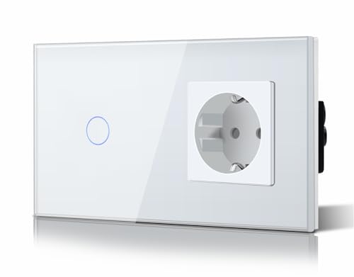 BSEED Touch Lichtschalter mit Schuko Steckdose Unterputz Glasrahmen 1 Fach 2 Weg Design Kristall Glas Platte Light Schalter Wandsteckdose Verlängerungssteckdosen 157MM Weiß von BSEED