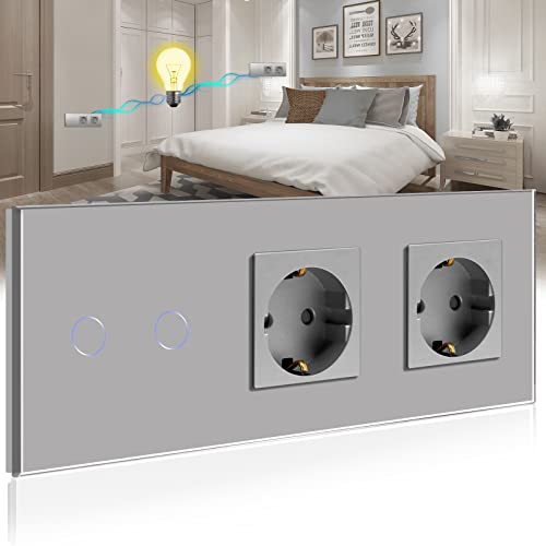 BSEED Touch Lichtschalter mit Schuko Steckdose mit LED Anzeiger 2 Fach 2 Wege Glas Lichtschalter mit Doppelt Wandsteckdosen Grau 228mm BSEED Touch Lichtschalter mit Schuko Steckdose mit LED Anzeiger 2 Fach 2 Wege Glas Lichtschalter mit Doppelt Wandsteckdosen Grau 228mm von BSEED