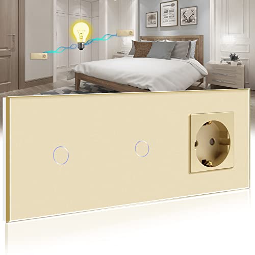 BSEED Touch Lichtschalter mit Schuko Steckdose mit LED Anzeiger doppelte 1 Fach 2 Wege Glas Lichtschalter mit eine Wandsteckdosen Golden 228mm BSEED Touch Lichtschalter mit Schuko Steckdose mit LED Anzeiger doppelte 1 Fach 2 Wege Glas Lichtschalter mit eine Wandsteckdosen Golden 228mm von BSEED