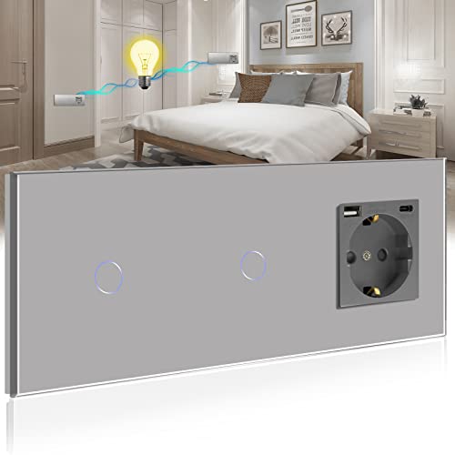 BSEED Touch Lichtschalter mit Schuko Steckdose mit LED Anzeiger doppelte 1 Fach 2 Wege Glas Lichtschalter mit einer USB Steckdose Anschluss (Max. 2.1A) Typ C Portn Grau 228mm von BSEED
