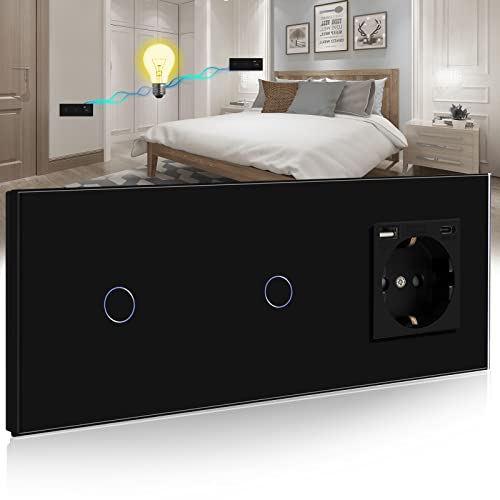 BSEED Touch Lichtschalter mit Schuko Steckdose mit LED Anzeiger doppelte 1 Fach 2 Wege Glas Lichtschalter mit einer USB Steckdose Anschluss (Max. 2.1A) Typ C Portn Schwarz 228mm von BSEED
