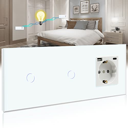 BSEED Touch Lichtschalter mit Schuko Steckdose mit LED Anzeiger doppelte 1 Fach 2 Wege Glas Lichtschalter mit einer USB Steckdose Anschluss (Max. 2.1A) Typ C Portn Weiß 228mm von BSEED