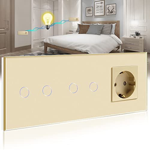 BSEED Touch Lichtschalter mit Schuko Steckdose mit LED Anzeiger doppelte 2 Fach 2 Wege Glas Lichtschalter mit eine Wandsteckdosen Golden 228mm von BSEED