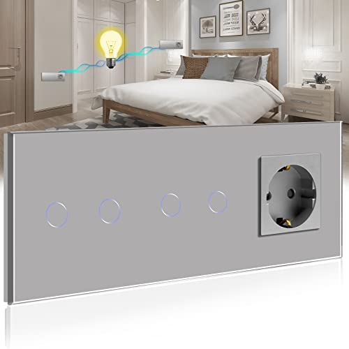 BSEED Touch Lichtschalter mit Schuko Steckdose mit LED Anzeiger doppelte 2 Fach 2 Wege Glas Lichtschalter mit eine Wandsteckdosen Grau 228mm BSEED Touch Lichtschalter mit Schuko Steckdose mit LED Anzeiger doppelte 2 Fach 2 Wege Glas Lichtschalter mit eine Wandsteckdosen Grau 228mm von BSEED