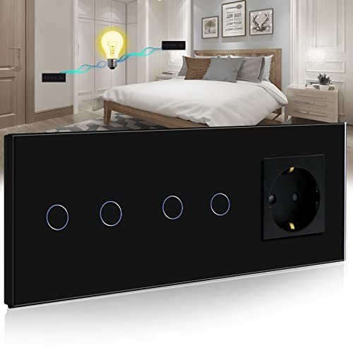 BSEED Touch Lichtschalter mit Schuko Steckdose mit LED Anzeiger doppelte 2 Fach 2 Wege Glas Lichtschalter mit eine Wandsteckdosen Schwarz 228mm BSEED Touch Lichtschalter mit Schuko Steckdose mit LED Anzeiger doppelte 2 Fach 2 Wege Glas Lichtschalter mit eine Wandsteckdosen Schwarz 228mm von BSEED