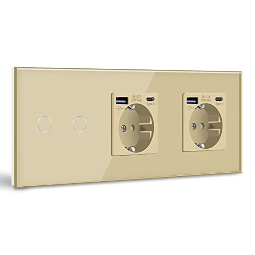 BSEED Touch Lichtschalter mit Steckdose, Doppel Schuko Unterputz Steckdose mit USB C 20W Schnellladegerät USB Type C, 2 Fach 1 Weg Wandsteckdose Glas Panel Geeignet für iPhone, iPad, Galaxy-Gold von BSEED