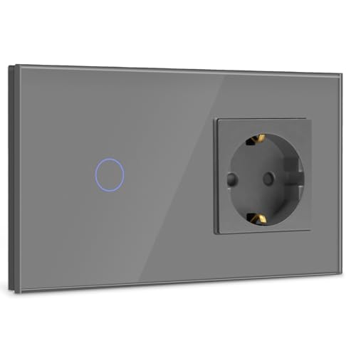 BSEED Touch Lichtschalter mit Steckdose 1 Fach 1 Weg Wandschalter mit LED Anzeige Unterputz Touchscreen-schalter mit Glasrahmen 157mm Grau 500W(Nicht Smart Schalter) von BSEED