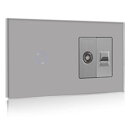 BSEED Touch Lichtschalter mit Steckdose 1 Fach 1 Weg mit Cat5 RJ45 Steckdose TV Antenne Koaxial und Ethernet Wandsteckdose Glas Platte Steckdose mit Lichtschalter Grau von BSEED