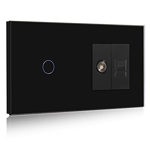 BSEED Touch Lichtschalter mit Steckdose 1 Fach 1 Weg mit Cat5 RJ45 Steckdose TV Antenne Koaxial und Ethernet Wandsteckdose Glas Platte Steckdose mit Lichtschalter Schwarz von BSEED