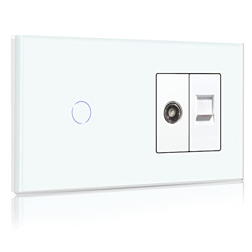 BSEED Touch Lichtschalter mit Steckdose 1 Fach 1 Weg mit Cat5 RJ45 Steckdose TV Antenne Koaxial und Ethernet Wandsteckdose Glas Platte Steckdose mit Lichtschalter Weiß von BSEED