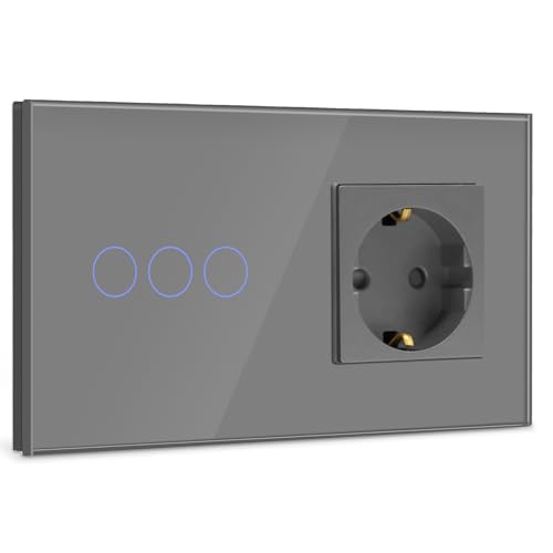 BSEED Touch Lichtschalter mit Steckdose 3 Fach 1 Weg Wandschalter mit LED Anzeige Unterputz Touchscreen-schalter mit Glasrahmen 157mm Grau 500W(Nicht Smart Schalter) von BSEED