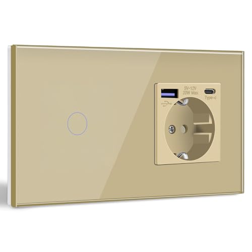 BSEED Touch Lichtschalter mit Steckdose Schuko Unterputz Steckdose mit USB C 20W Schnellladegerät USB Type C 1 Fach 1 Weg Wandsteckdose mit Glas Panel Geeignet für Phone, Pad, MP3 und mehr-Golden von BSEED