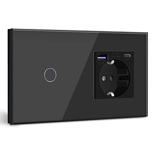 BSEED Touch Lichtschalter mit Steckdose Schuko Unterputz Steckdose mit USB C 20W Schnellladegerät USB Type C 1 Fach 2 Wege Wandsteckdose mit Glas Panel Geeignet für iPhone, iPad, Galaxy-Schwarz von BSEED