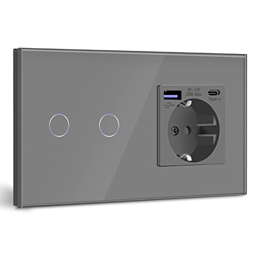 BSEED Touch Lichtschalter mit Steckdose Schuko Unterputz Steckdose mit USB C 20W Schnellladegerät USB Type C 2 Fach 2 Wege Wandsteckdose mit Glas Panel Geeignet für iPhone, iPad, Galaxy-Grau von BSEED