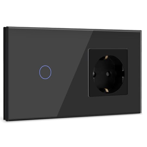 BSEED Touch Lichtschalter mit Steckdose 1 Fach 1 Weg Wandschalter mit LED Anzeige Unterputz Touchscreen-schalter mit Glasrahmen 157mm Schwarz 500W(Nicht Smart Schalter) von BSEED