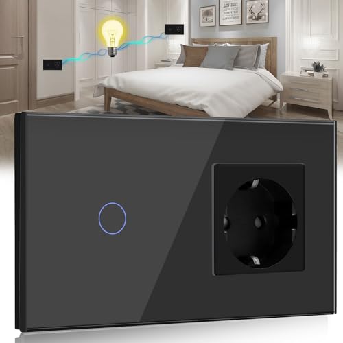 BSEED Touch Lichtschalter mit Steckdose mit LED Anzeige 1 Fach 2 Weg Berühren Sie Das Sensorfeld Touchscreen LED Lamps Schwarz Wandsteckdosen (Nicht Smart Schalter) von BSEED