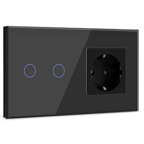 BSEED Touch Lichtschalter mit Steckdose mit LED Anzeige,2 Fach 1 Weg Wandschalter mit Steckdosen,Unterputz Touchscreen-schalter mit Glasrahmen Schwarz（Max. Last: 3-500 W)(Nicht Smart Schalter) von BSEED