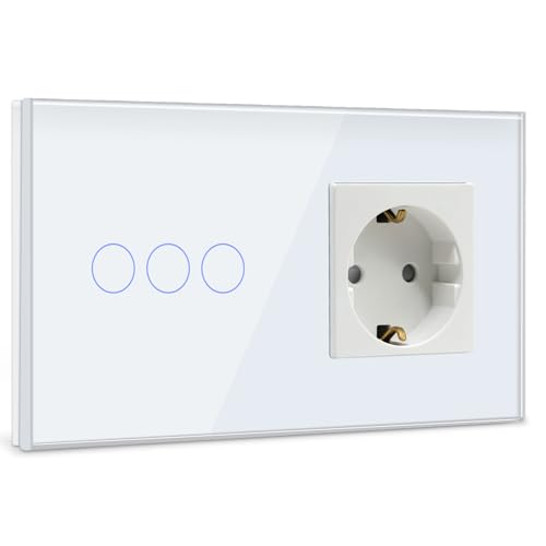 BSEED Touch Lichtschalter mit Steckdose mit LED Anzeige,3 Fach 1 Weg Wandschalter mit Steckdosen,Unterputz Touchscreen-schalter mit Glasrahmen Weiß（Max. Last: 3-500 W)(Nicht Smart Schalter) von BSEED