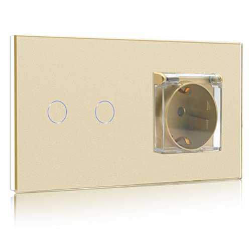 BSEED Touch Lichtschalter mit Steckdose mit Wasserdichter Abdeckung,2 Fach 1 Weg Schalter mit LED Anzeige,Glas Touchschalter,Wandschalter Schalter mit Wandsteckdosen Gold von BSEED