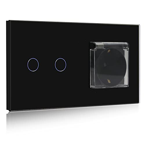 BSEED Touch Lichtschalter mit Steckdose mit Wasserdichter Abdeckung,2 Fach 1 Weg Schalter mit LED Anzeige,Glas Touchschalter,Wandschalter Schalter mit Wandsteckdosen Schwarz von BSEED