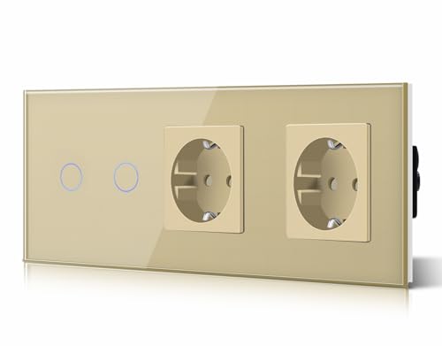 BSEED Touch Lichtschalter mit Steckdosen 2 Fach 1 Wege Glas Touch-Panel Lichtschalter und Steckdosen Gold 228mm BSEED Touch Lichtschalter mit Steckdosen 2 Fach 1 Wege Glas Touch-Panel Lichtschalter und Steckdosen Gold 228mm von BSEED