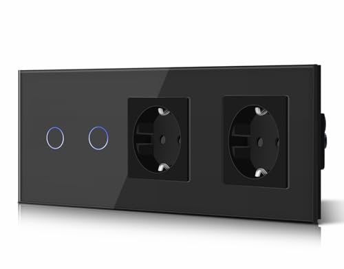 BSEED Touch Lichtschalter mit Steckdosen 2 Fach 1 Wege Glas Touch-Panel Lichtschalter und Steckdosen Schwarz 228mm von BSEED