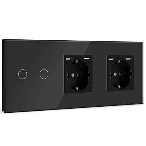 BSEED Touch Lichtschalter mit USB Steckdose Anschluss (Max. 2.1A) 2 Fach 1 Weg Wandschalter mit doppelten Steckdosen Unterputz Touchscreen-schalter mit Glasrahmen 228mm Schwarz von BSEED