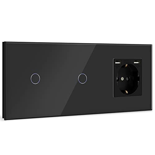 BSEED Touch Lichtschalter mit USB Steckdose Anschluss (Max. 2.1A) Doppel 1 Fach 1 Weg Wandschalter mit Steckdosen Unterputz Touchscreen-schalter mit Glasrahmen 228mm Schwarz 500W von BSEED