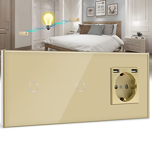 BSEED Touch Lichtschalter mit USB Steckdose Anschluss (Max. 2.1A) Doppel 1 Fach 2 Wege Wandschalter mit Steckdose Unterputz Touchscreen-schalter mit Glasrahmen 228mm Golden von BSEED