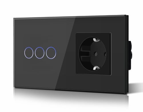 BSEED Touch Light Schalter mit Schuko Steckdose Glasrahmen 3 Fach 2 Weg Design Glas Plug Sockel 16 Amp Touch Schalter Wandschalter Schwarz von BSEED