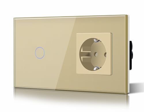 BSEED Touch Light Schalter mit Schuko Steckdose Glasrahmen Plug Sockel 1 Fach 2 Weg Design Glas Touch Schalter Wandschalter Gold von BSEED