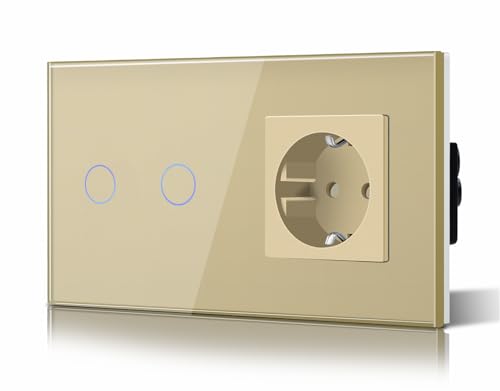 BSEED Touch Light Schalter mit Schuko Steckdose Glasrahmen Plug Sockel 2 Fach 2 Weg Design Glas Touch Schalter Wandschalter Gold BSEED Touch Light Schalter mit Schuko Steckdose Glasrahmen Plug Sockel 2 Fach 2 Weg Design Glas Touch Schalter Wandschalter Gold von BSEED