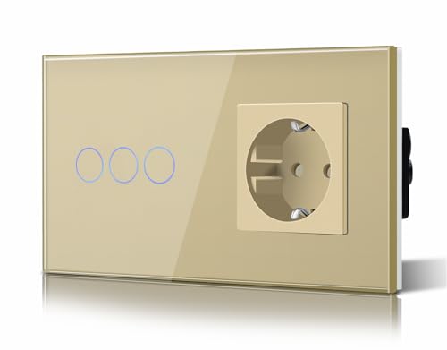 BSEED Touch Light Schalter mit Schuko Steckdose Glasrahmen Plug Sockel 3 Fach 2 Weg Design Glas Touch Schalter Wandschalter Gold von BSEED