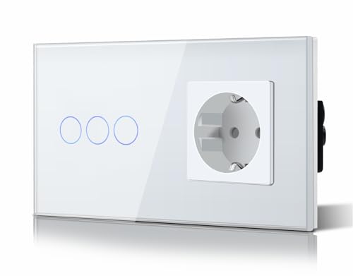 BSEED Touch Light Schalter mit Schuko Steckdose Glasrahmen Plug Sockel 3 Fach 2 Weg Design Glas Touch Schalter Wandschalter Weiß BSEED Touch Light Schalter mit Schuko Steckdose Glasrahmen Plug Sockel 3 Fach 2 Weg Design Glas Touch Schalter Wandschalter Weiß von BSEED
