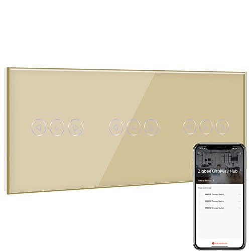 BSEED Tripel Smart ZigBee Dimmer Schalter für Led Lampe, Smart Home ZigBee Schalter, Wlan Schalter, Wandschalter Lichtschalter Unterputz Glas arbeitet Smart Life/Tuya, Alexa Gold(Hub erforderlich) von BSEED