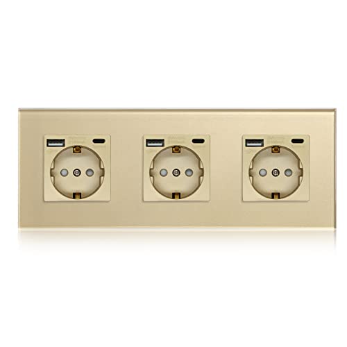 BSEED Triple Schuko Wand Steckdose mit USB & Typ C Glas 3 in 1 Unterputz Steckdosen 3 Weg mit 2.1 A USB Ladeleistung und Typ C Adapter Aufladestation Verlängerungssteckdosen 228mm Gold BSEED Triple Schuko Wand Steckdose mit USB & Typ C Glas 3 in 1 Unterputz Steckdosen 3 Weg mit 2.1 A USB Ladeleistung und Typ C Adapter Aufladestation Verlängerungssteckdosen 228mm Gold von BSEED