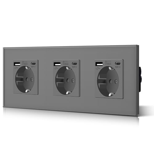 BSEED Triple Schuko Wand Steckdose mit USB & Typ C Glas 3 in 1 Unterputz Steckdosen 3 Weg mit 2.1 A USB Ladeleistung und Typ C Adapter Aufladestation Verlängerungssteckdosen 228mm Grau von BSEED