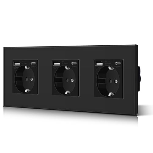 BSEED Triple Schuko Wand Steckdose mit USB & Typ C Glas 3 in 1 Unterputz Steckdosen 3 Weg mit 2.1 A USB Ladeleistung und Typ C Adapter Aufladestation Verlängerungssteckdosen 228mm Schwarz von BSEED