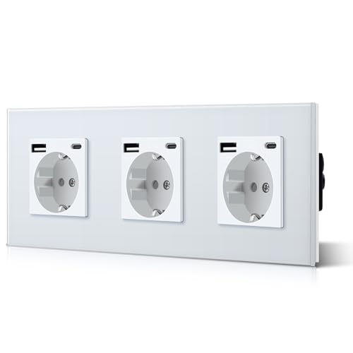 BSEED Triple Schuko Wand Steckdose mit USB & Typ C Glas 3 in 1 Unterputz Steckdosen 3 Weg mit 2.1 A USB Ladeleistung und Typ C Adapter Aufladestation Verlängerungssteckdosen 228mm Weiß von BSEED