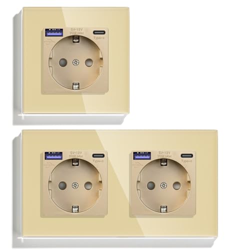 BSEED USB C 20 W Schuko Steckdose Pack, 1x 1-fach Steckdose + 1x 2-fach Steckdose, USB Type C Wandsteckdose mit Glas Panel, steckdose Unterputz für Phone, Pad, MP3-Gold BSEED USB C 20 W Schuko Steckdose Pack, 1x 1-fach Steckdose + 1x 2-fach Steckdose, USB Type C Wandsteckdose mit Glas Panel, steckdose Unterputz für Phone, Pad, MP3-Gold von BSEED