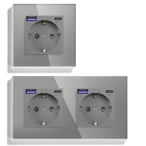 BSEED USB C 20 W Schuko Steckdose Pack, 1x 1-fach Steckdose + 1x 2-fach Steckdose, USB Type C Wandsteckdose mit Glas Panel, steckdose Unterputz für Phone, Pad, MP3-Grau BSEED USB C 20 W Schuko Steckdose Pack, 1x 1-fach Steckdose + 1x 2-fach Steckdose, USB Type C Wandsteckdose mit Glas Panel, steckdose Unterputz für Phone, Pad, MP3-Grau von BSEED