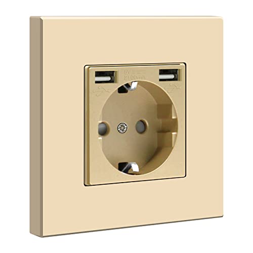 BSEED USB Steckdose 1 Fach, Schuko Steckdose mit USB Anschluss (Max. 2.1A), Unterputz Steckdose USB, PC Panel Steckdosen Kindersicherung, Einbausteckdose mit USB, USB Steckdose unterputz, Gold -86mm von BSEED