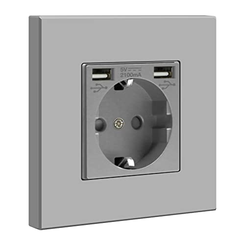 BSEED USB Steckdose 1 Fach, Schuko Steckdose mit USB Anschluss (Max. 2.1A), Unterputz Steckdose USB, PC Panel Steckdosen Kindersicherung, Einbausteckdose mit USB, USB Steckdose unterputz, Grau -86mm von BSEED