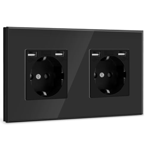 BSEED USB Steckdose Doppel Schwarz Schuko Steckdose mit USB Anschluss (Max. 2.1A) Unterputz Steckdose Glas Schutzkontakt-Steckdose Ladegerät für Handys, Laptops etc von BSEED