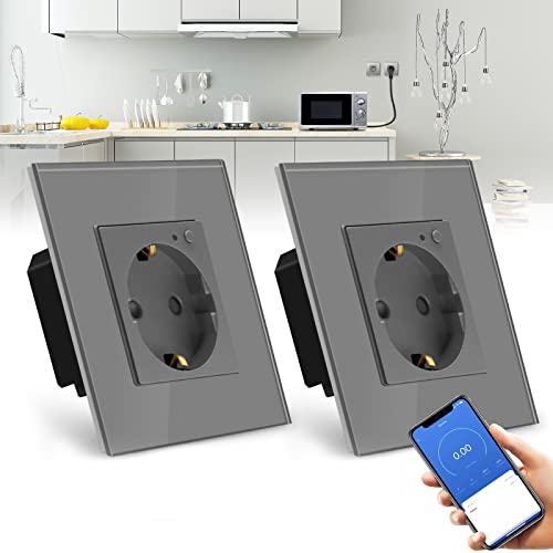 BSEED WLAN Smart Steckdose 16A mit Strommessung,1 Fach Intelligente Steckdose mit Verbrauchsmessung und Energiekosten-Messer 2er Pack,arbeitet mit Alexa,Google Home, Timerfunktion Grau von BSEED