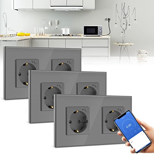 BSEED WLAN Smart Steckdose 16A mit Strommessung,2 Fach Intelligente Steckdose mit Verbrauchsmessung und Energiekosten-Messer 3er Pack,arbeitet mit Alexa,Google Home, Timerfunktion Grau von BSEED
